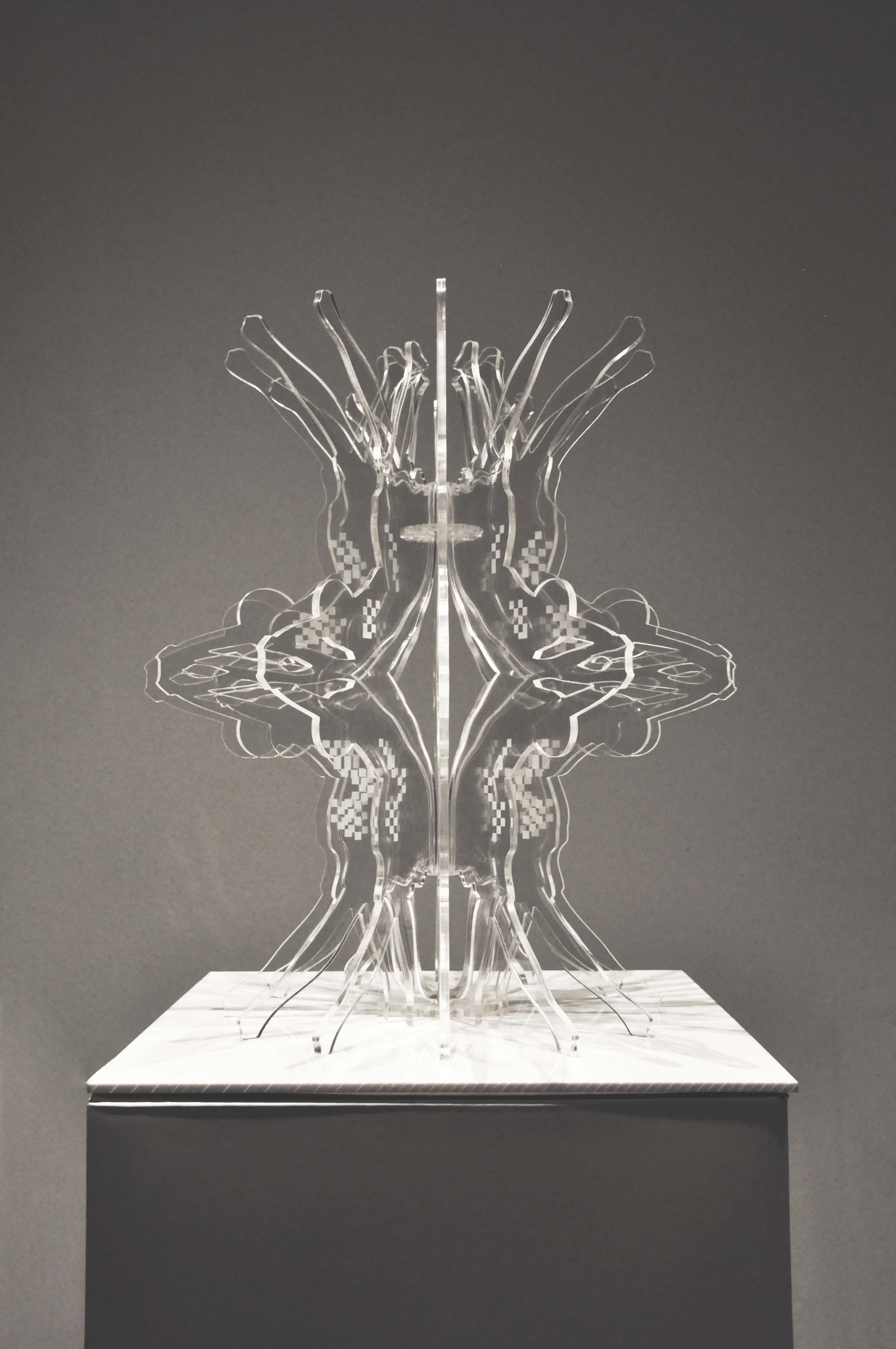 Transparent acrylic sculpture lit from the front